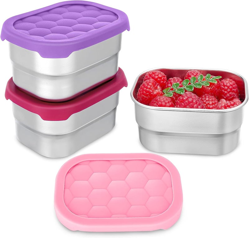 Gencywe 3 Pack Stainless Steel Snack Containers for Kids, 8 oz Easy Open Leak Proof Small Toddler Snack Containers with Silicone Lids, Stackable Metal Lunch Box for Daycare and School (Pink) - Image 1